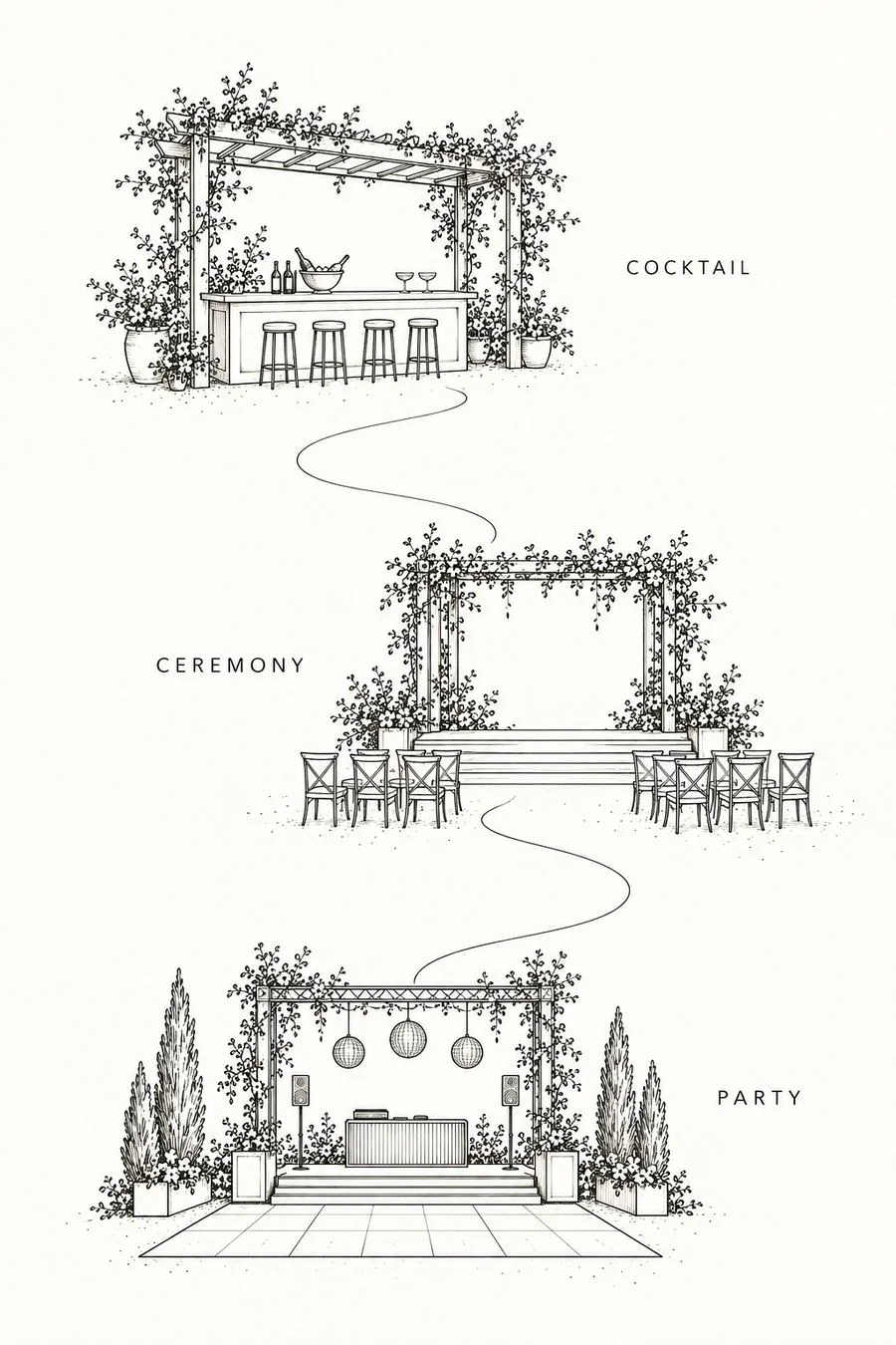 Cocktail, ceremony and party concept sketch sequence
